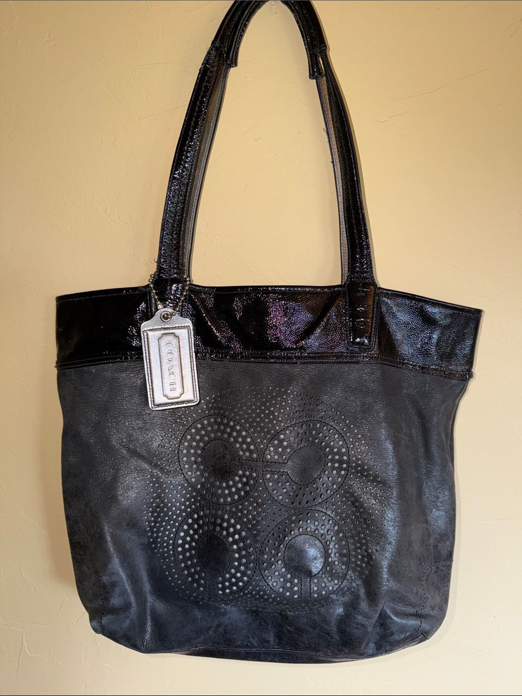 Coach Black Leather Tote With Patent Leather Trim- Perforated Circle Design